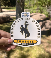 Blue 84® Bell Shape University of Wyoming Arch over Bucking Horse Center Sticker